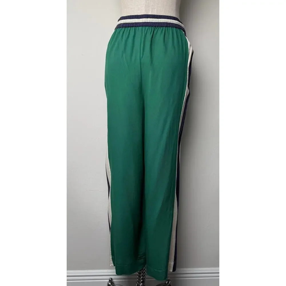 Farm Rio x Anthropologie Green Navy Wide Leg Track Pants Striped Drawstring S - Picture 13 of 16